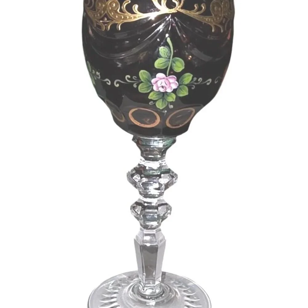 Bohemian Cut To Clear Crystal Hand Painted Goblet With Gold Trim & Floral Detail